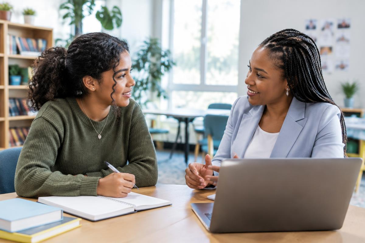 A young adult discussing career plans with a mentor