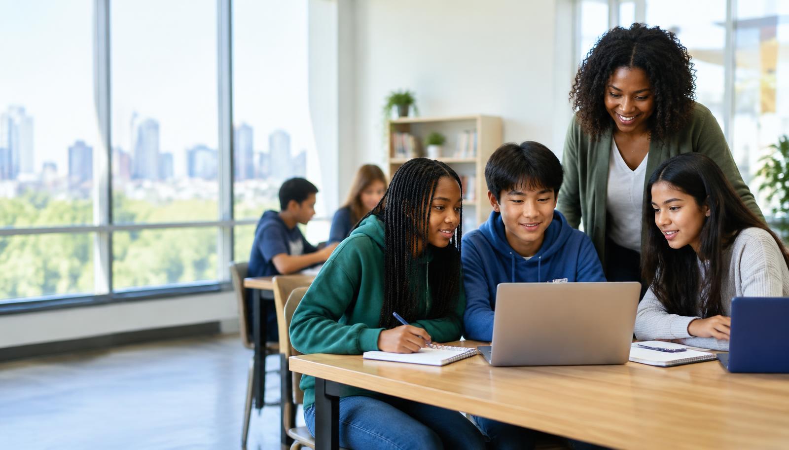 Students collaborating with a mentor during a digital learning session